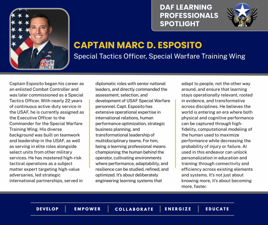 Card with text recognizing the Apr '25 LP Spotlight Captain Marc Esposito